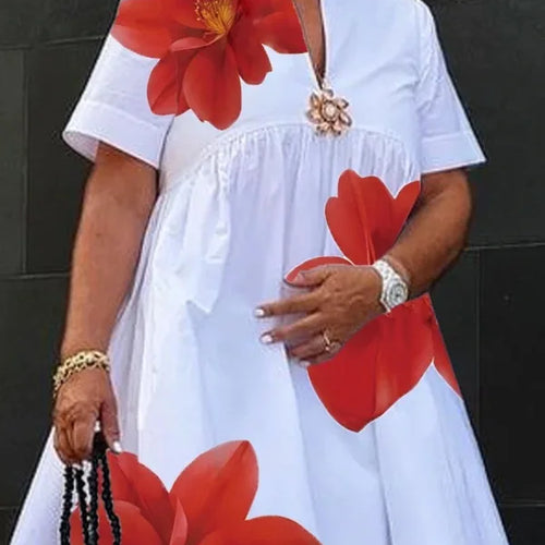 Load image into Gallery viewer, Women&#39;s Summer New Dress 2025 V-Neck Pleated Short Sleeves White Loose Flower Print Casual Midi Dresses for Woman

