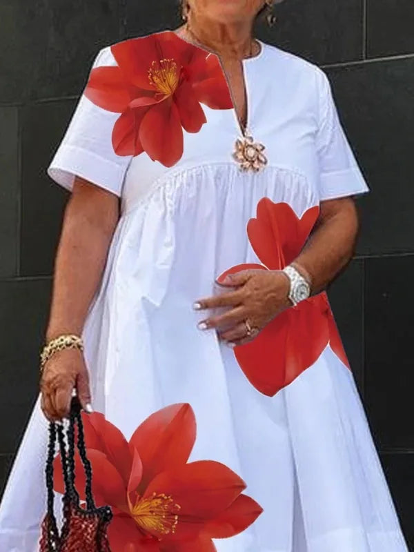 Women's Summer New Dress 2025 V-Neck Pleated Short Sleeves White Loose Flower Print Casual Midi Dresses for Woman