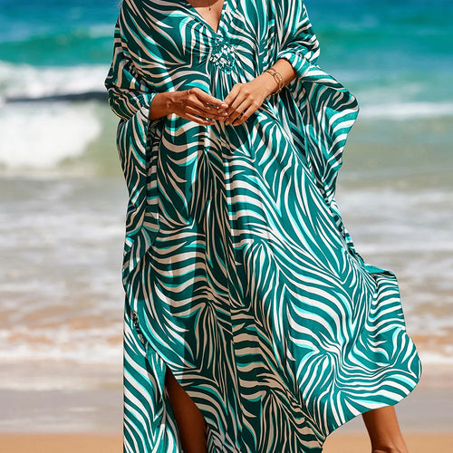 Load image into Gallery viewer, Sexy Zebra Printed V Neck Tunic Beach Cover Up Cover-ups Beach Dress Beach Wear Beachwear Beach Long Dress Female Women V4159
