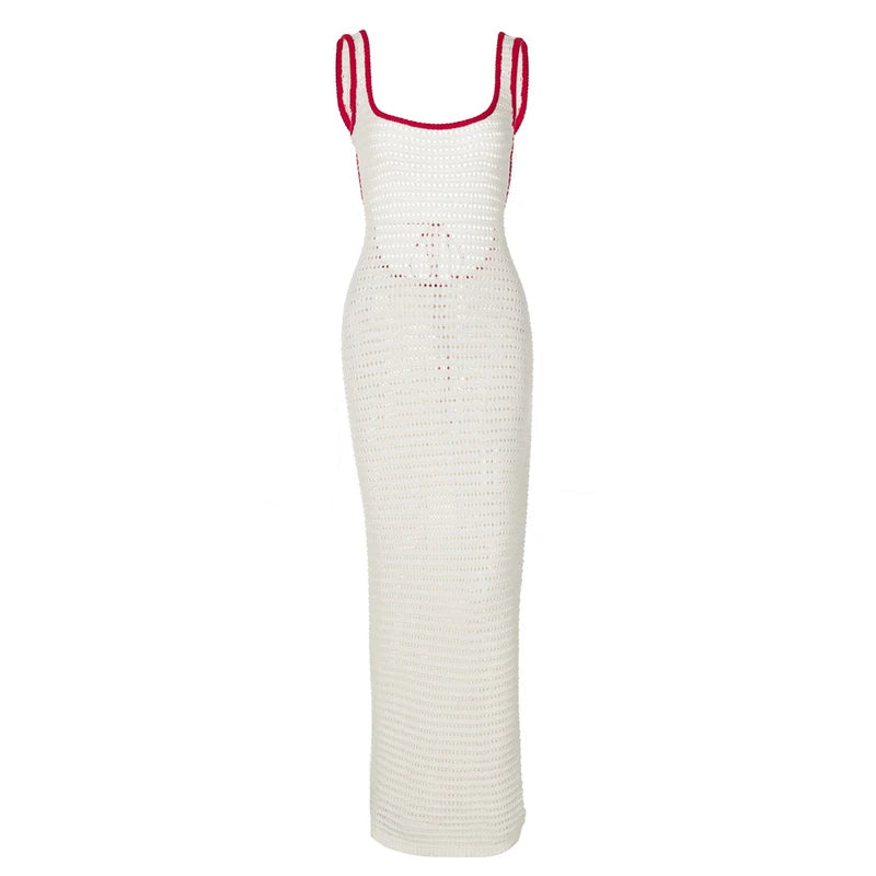 Hollow Out Backless Knit Maxi Dress For Women White Spaghetti Strap Sleeveless Bodycon Club Party Sexy Knitted Dress