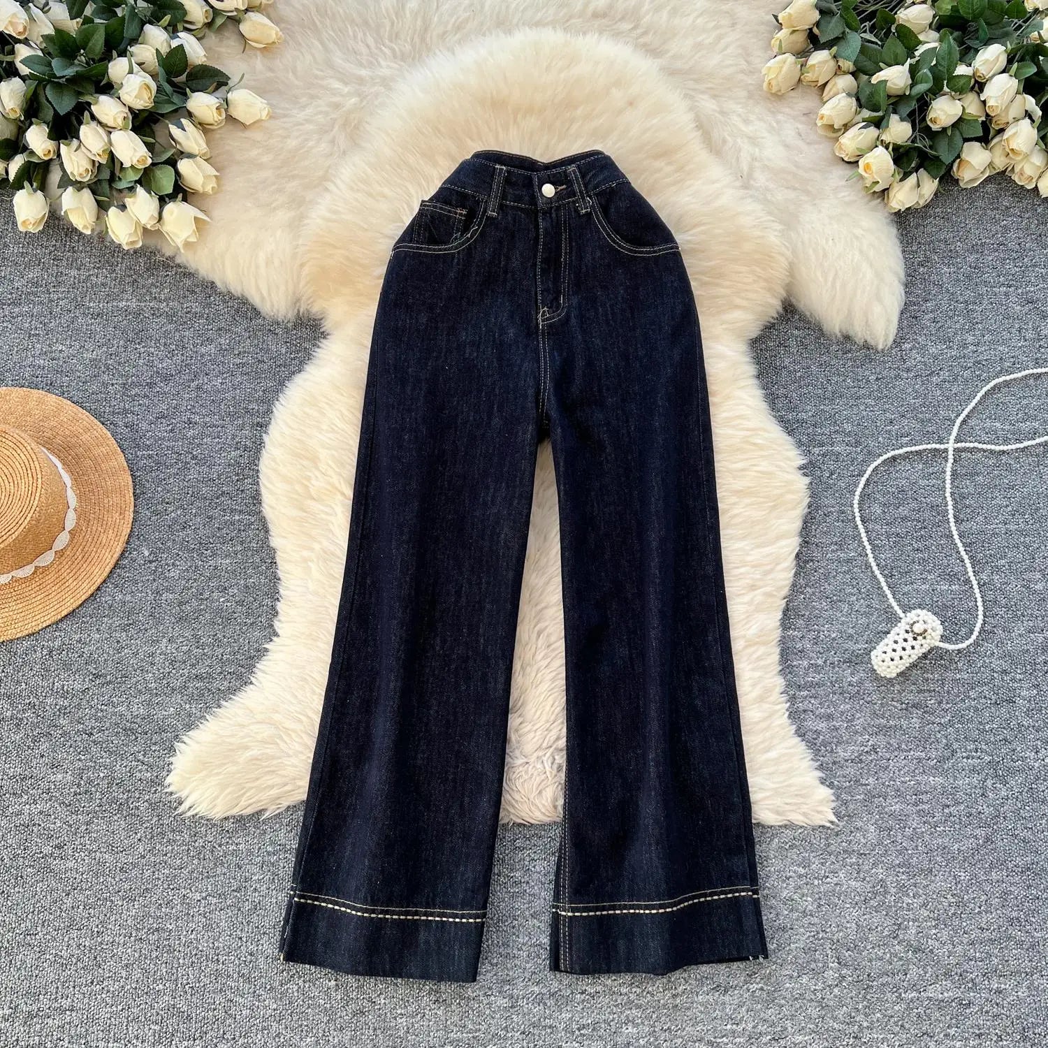 Spring Korean Vintage Blue High Waist Straight Denim Pant Women Wide Leg Jeans Fashion Casual Popular Streetwear Trousers Trendy
