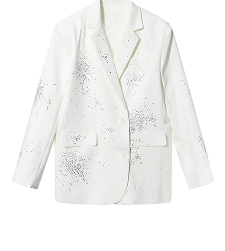 Women Black Rhinestones Shining Big Size Elegant Blazer New Lapel Long Sleeve Jacket Fashion Spring Autumn 2025 7AB3822