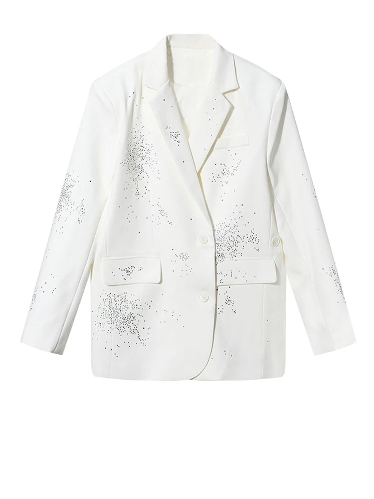 Women Black Rhinestones Shining Big Size Elegant Blazer New Lapel Long Sleeve Jacket Fashion Spring Autumn 2025 7AB3822