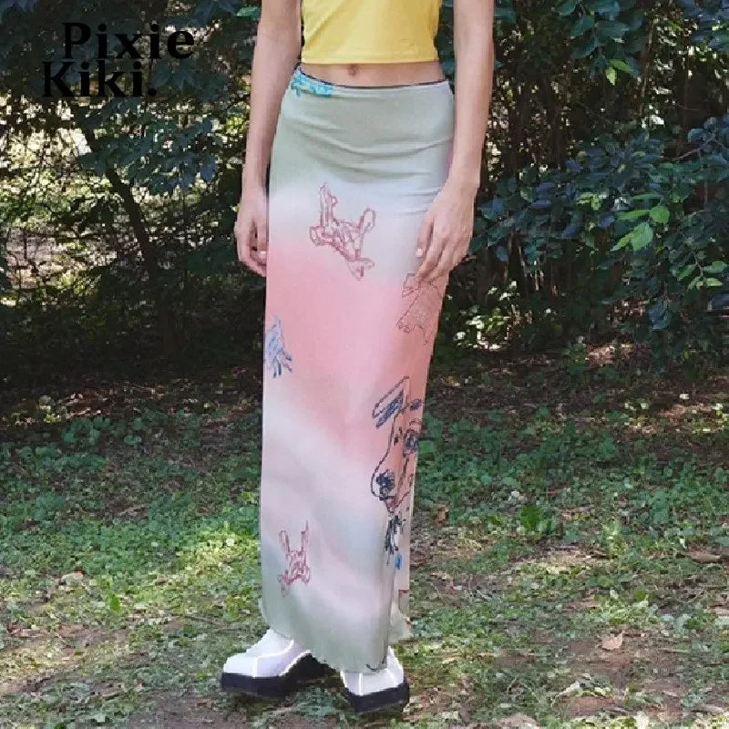 Y2k Style Long Maxi Skirts for Woman Cute Core Cartoon Gradient Pink Print Summer Skirt Women Clothing 2023 P33-BE17