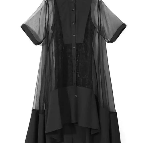 Load image into Gallery viewer, Women Green Organza Irregular Shirt Dress New Stand Collar Half Sleeve Loose Fit Fashion Tide Spring Summer 2025 JT581
