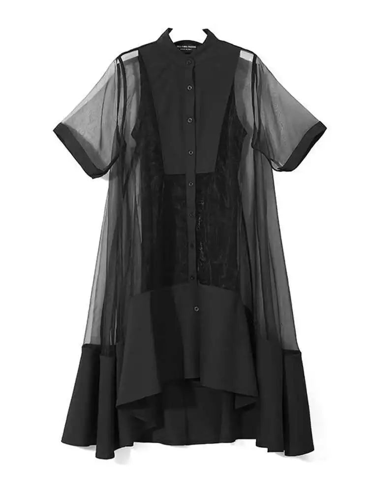 Women Green Organza Irregular Shirt Dress New Stand Collar Half Sleeve Loose Fit Fashion Tide Spring Summer 2025 JT581