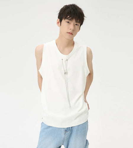 Niche Style Male Tank Tops Metal Chains Casual Round Neck Sleeveless Loose Men's Tops New Fashion Summer 9C6266