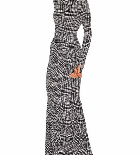 Hit Ccolor Slimming Spliced Plaid Fashion Dresses for Women High Neck Long Sleeves Temperament Dress Female Clothes