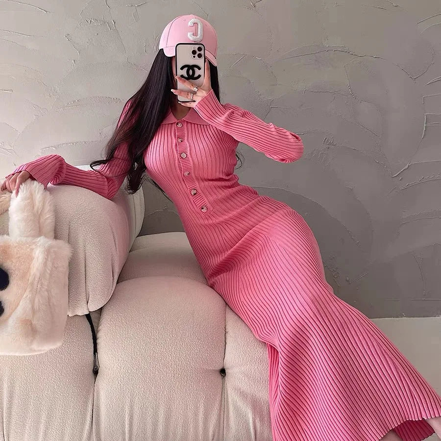 Elegant Party Dresses For Women 2023 Dress Autumn Winter Stretchy Long Sleeved Slim Vintage Basic Knit Dress Y2k