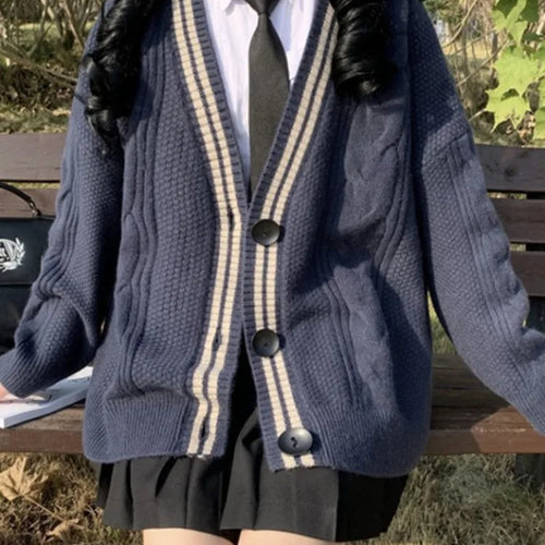 Load image into Gallery viewer, Japanese Preppy Style Cardigans Women Patchwork Fairy Single Breasted Sweaters Loose Contrast Color Knitted Coats Y2k Aesthetic
