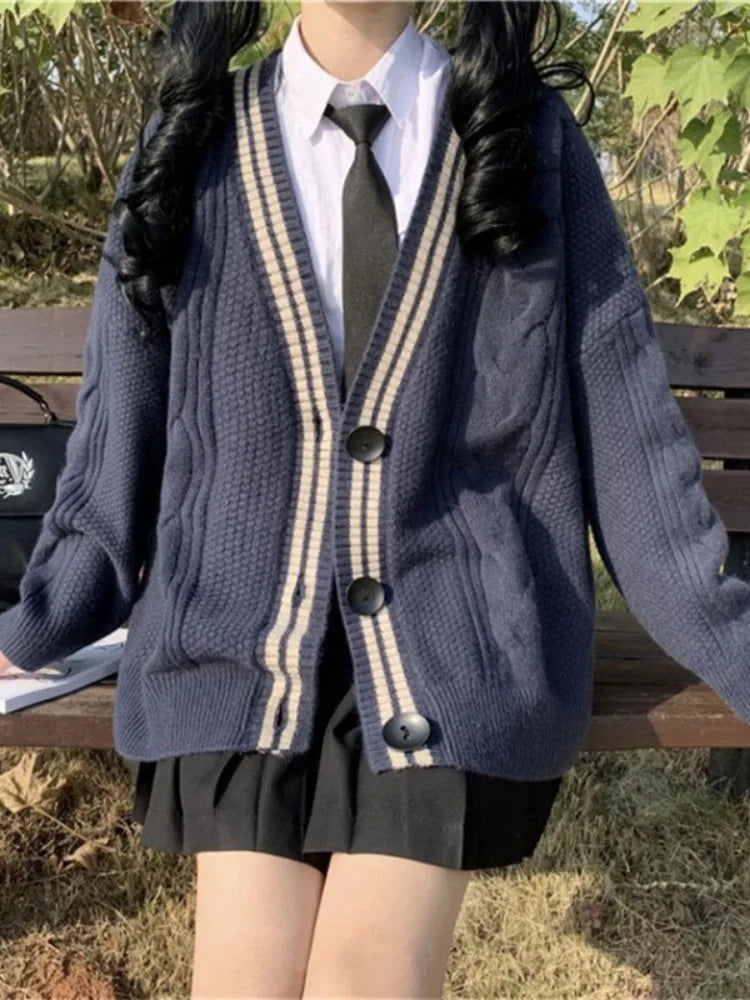 Japanese Preppy Style Cardigans Women Patchwork Fairy Single Breasted Sweaters Loose Contrast Color Knitted Coats Y2k Aesthetic