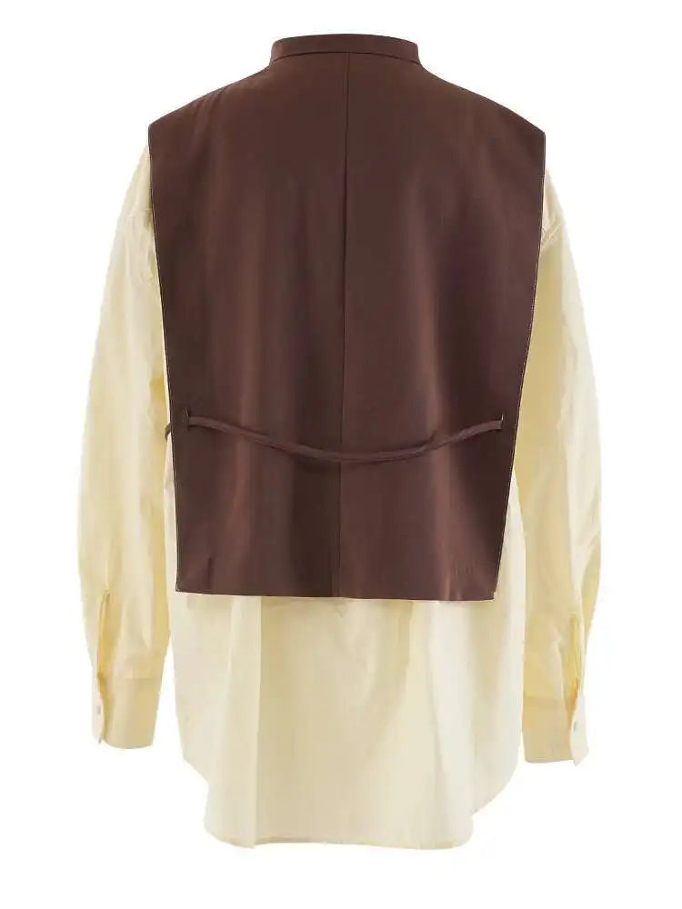 Women Yellow Color-block Big Size Elegant Blouse New Lapel Long Sleeve Shirt Fashion Tide Spring Autumn 2025 CPG1947