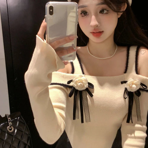 Load image into Gallery viewer, Slash Neck Knitted Y2k Aesthetic Tshirts Streetwear 3D Flower Women Slim Fit Crop Tees Vintage Harajuku Irregular Basic T-shirt
