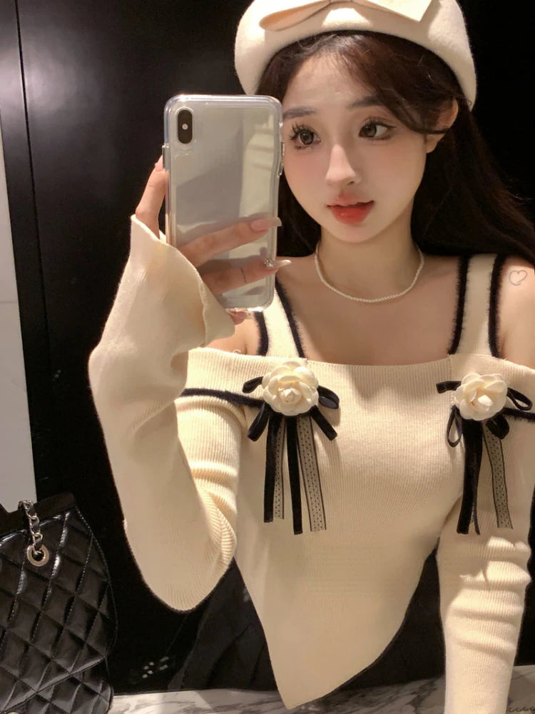 Slash Neck Knitted Y2k Aesthetic Tshirts Streetwear 3D Flower Women Slim Fit Crop Tees Vintage Harajuku Irregular Basic T-shirt