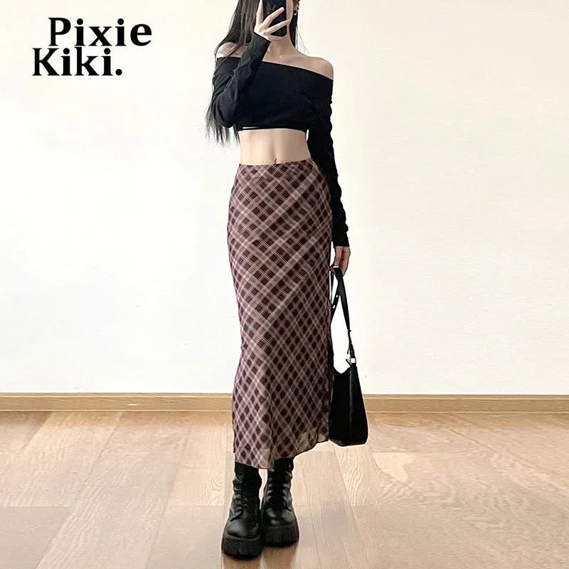 Retro Plaid Print Mesh Slit Long Skirts Woman Korean Clothing High Waist Y2k Skirt Preppy Style Women Bottoms P71-BG24