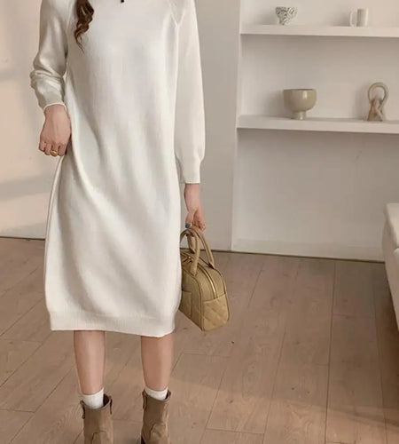 Autumn Winter 2023 New Solid High Neck Casual Loose Knitted Dresses Women Straight Long Sleeve Sweater Dress Popular Simplicity