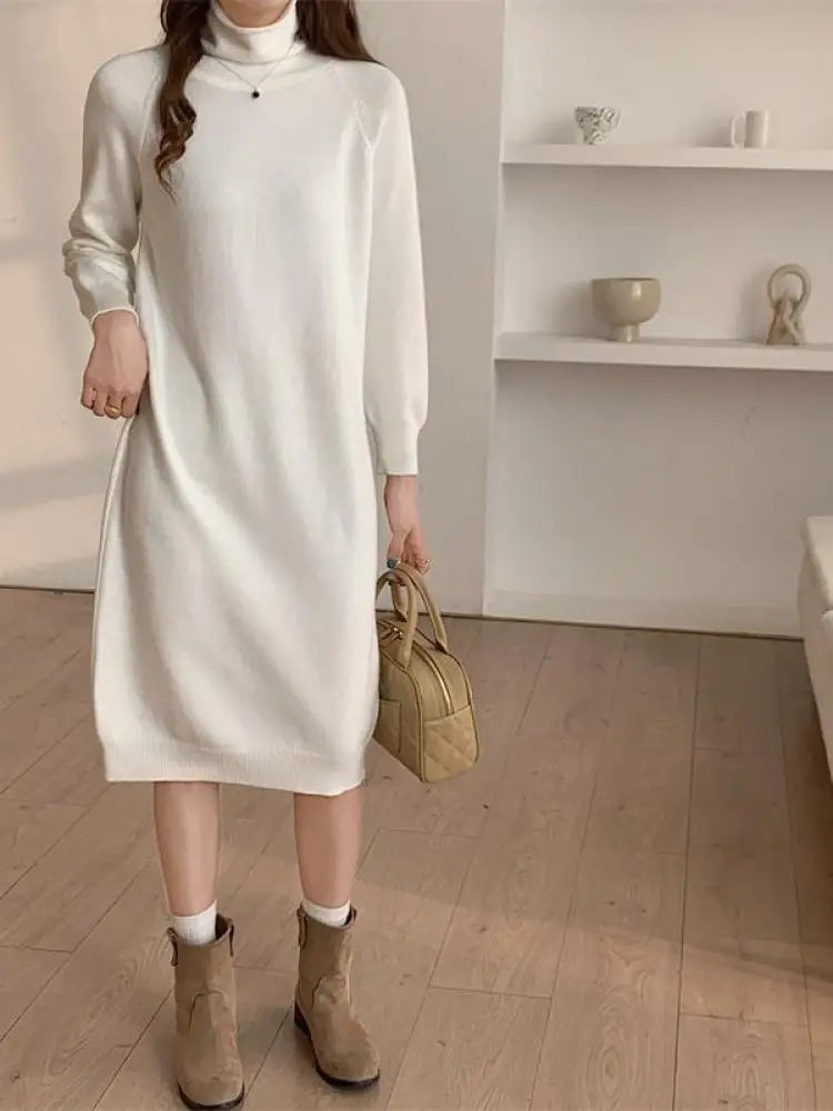 Autumn Winter 2023 New Solid High Neck Casual Loose Knitted Dresses Women Straight Long Sleeve Sweater Dress Popular Simplicity