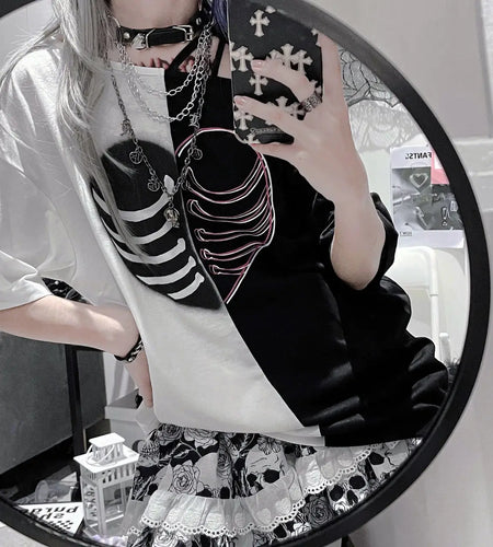 Shirts for Women Harajuku Oversized T Shirt Contrast Color Casual Tees Off Shoulder Punk Summer Y2k Tshirts Clothes for Teens