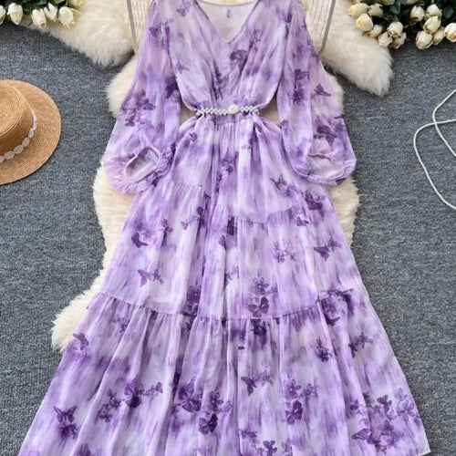 Load image into Gallery viewer, French Women Vintage Sweet Printed Birthday Evening Party Long Dresses Autumn New V Neck  Lantern Sleeves Pleated Dress Bohemian
