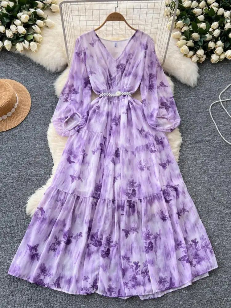 French Women Vintage Sweet Printed Birthday Evening Party Long Dresses Autumn New V Neck  Lantern Sleeves Pleated Dress Bohemian
