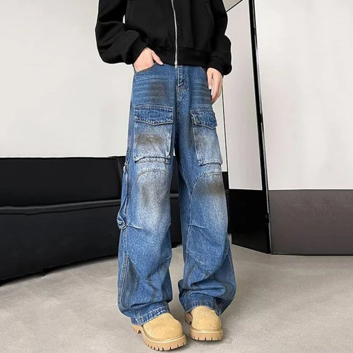 Load image into Gallery viewer, Multi Pocket Design Men Cargo Jeans Winte Splotch Pleated Streetwear Straight Denim Pants Wide Leg Trousers Stylish 9C9270
