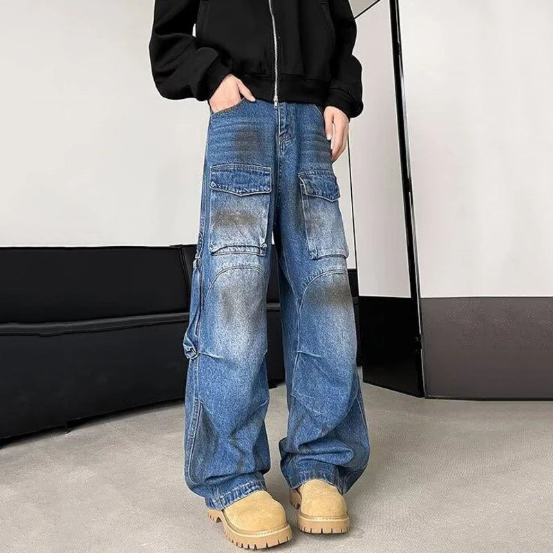 Multi Pocket Design Men Cargo Jeans Winte Splotch Pleated Streetwear Straight Denim Pants Wide Leg Trousers Stylish 9C9270