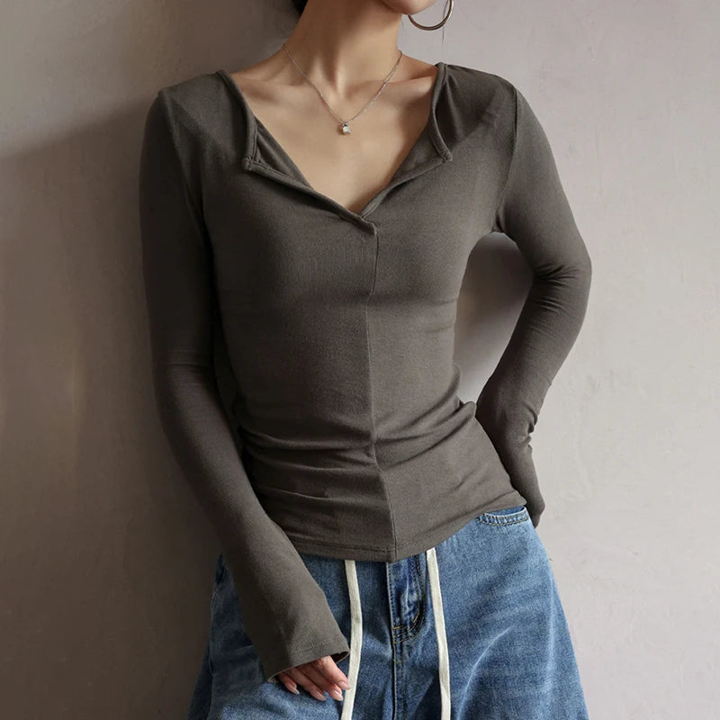 Casual Fitness Basic Long Sleeve Tee Shirt Female Stitch Solid Autumn Top Full Sleeve All-Match Women's T-shirt Chic