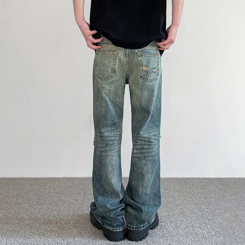 Summer Male Hole Jeans New American High Street Denim Pants Trendy Straight Micro Flared Trousers Make Old Design 9W1424