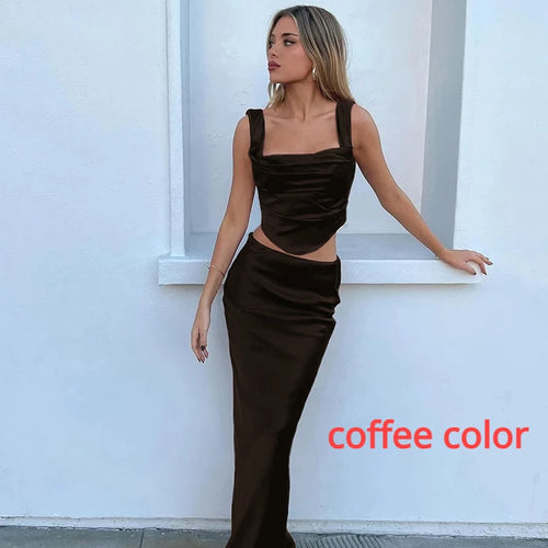 Load image into Gallery viewer, Summer Sets for Women 2 Pieces Corset Top and Long Skirt Coffee Wedding Guest Dress Elegant New in Matching Sets

