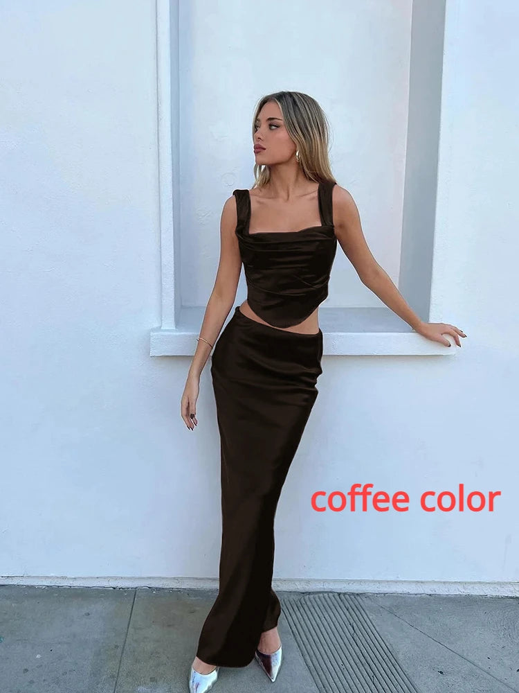 Summer Sets for Women 2 Pieces Corset Top and Long Skirt Coffee Wedding Guest Dress Elegant New in Matching Sets