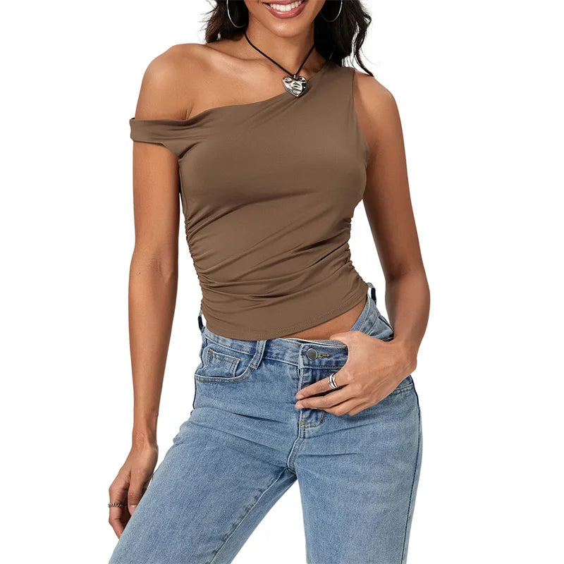 y2k Crop Tops 2000s Clothing Women Solid Color Oblique Shoulder Sleeveless T Shirt Aesthetic Clothes Summer Streetwear