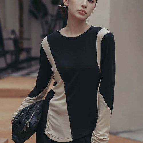 Load image into Gallery viewer, Women Black Apricot Color-block Big Size Casual T-shirt New Round Neck Long Sleeve Fashion Tide Spring Autumn 2025 1DF5723
