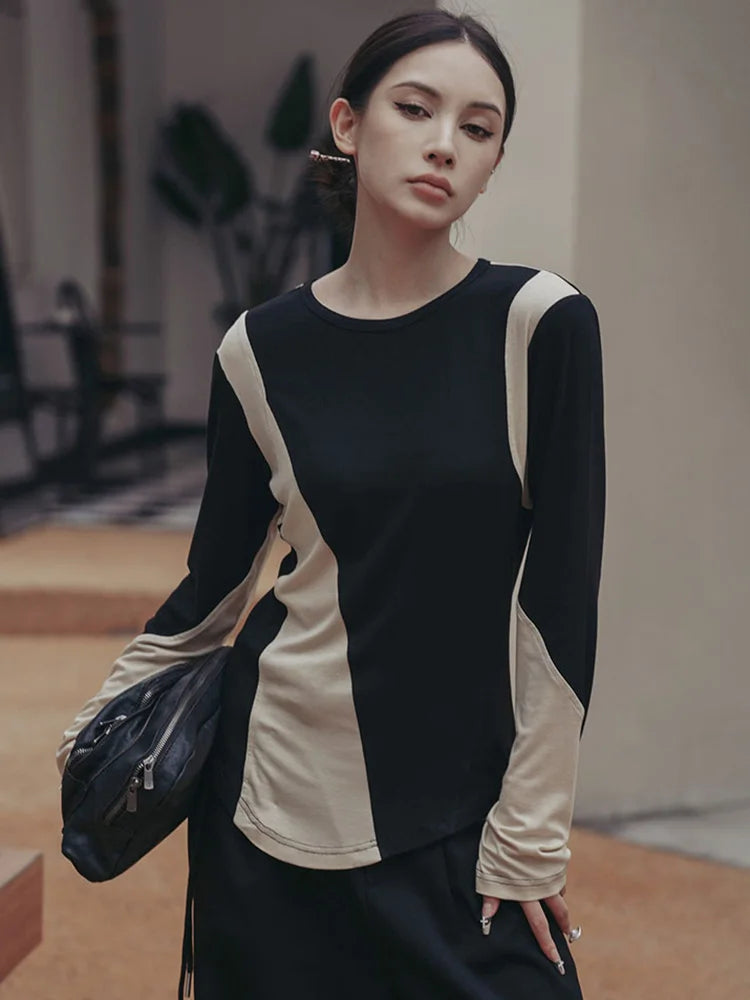 Women Black Apricot Color-block Big Size Casual T-shirt New Round Neck Long Sleeve Fashion Tide Spring Autumn 2025 1DF5723