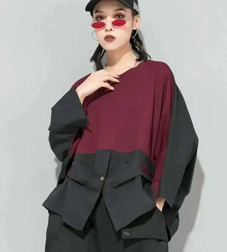 Loose Fit Contrast Color Big Size Sweatshirt New Round Neck Long Sleeve Women Big Size Fashion Spring Autumn 2025 1D716