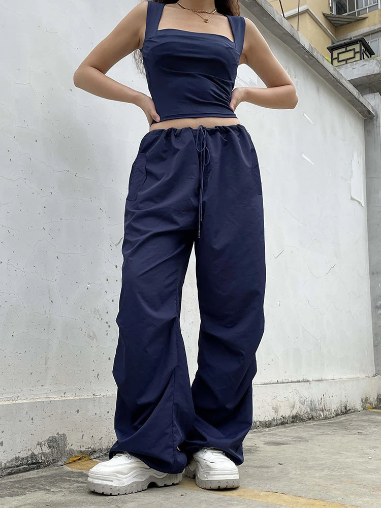 Streetwear Drawstring Low Waist Casual Blue Women's Pants Harajuku Baggy Trousers Hip Hop Wide Leg Capris Summer Chic