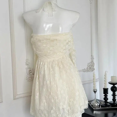 Load image into Gallery viewer, Vintage Women New Beige Lace Long Sleeve Halter Lace-up Princess Dress Autumn Elegant Sexy Backless Birthday Party Short Dresses
