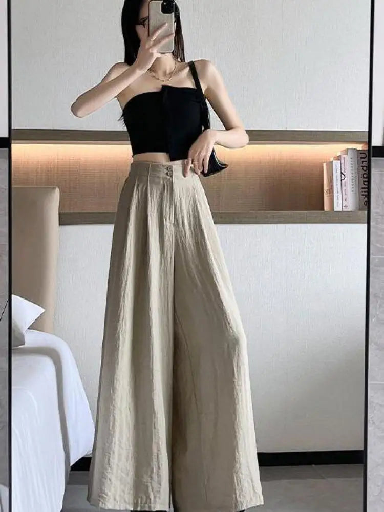 Women Clothes 2024 Spring Summer Fashion Black Beige Wide Leg Long Pants High Waist Streetwear Loose Khaki Straight Trousers New