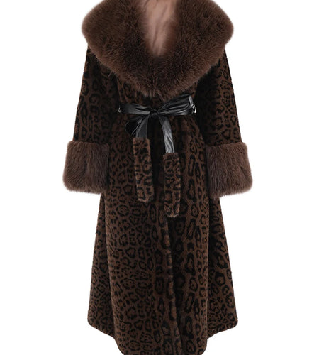 Brown Leoppard Print Big Size Long Faux Fur Jacket New Lapel Long Sleeve Women Coat Fashion Autumn Winter 2025 CPG2454