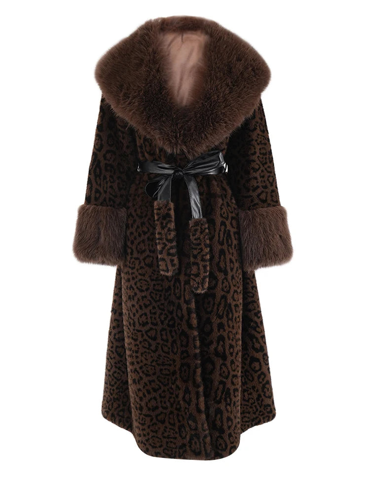 Brown Leoppard Print Big Size Long Faux Fur Jacket New Lapel Long Sleeve Women Coat Fashion Autumn Winter 2025 CPG2454
