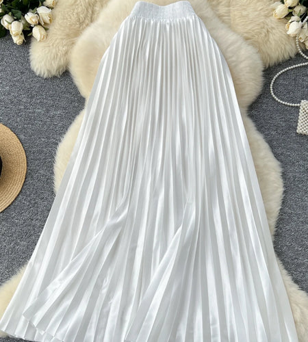 French Retro Women Fashion Solid Elegant Long Skirt Autumn Winter Elastic High Waist Popular Pleated Skirt Simplicity Streetwear