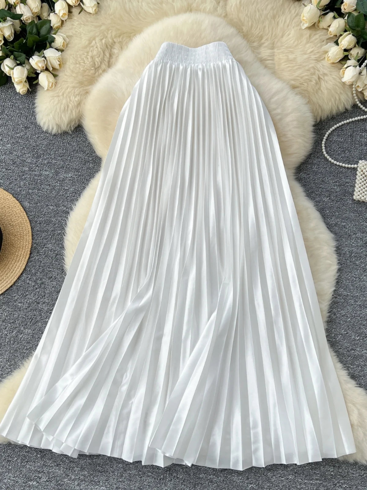 French Retro Women Fashion Solid Elegant Long Skirt Autumn Winter Elastic High Waist Popular Pleated Skirt Simplicity Streetwear