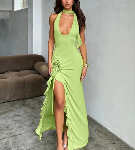 Flower Draped Split Long Dress For Women Fashion Halter Deep V Neck Sleeveless Backless Bodycon Club Party Long Dress