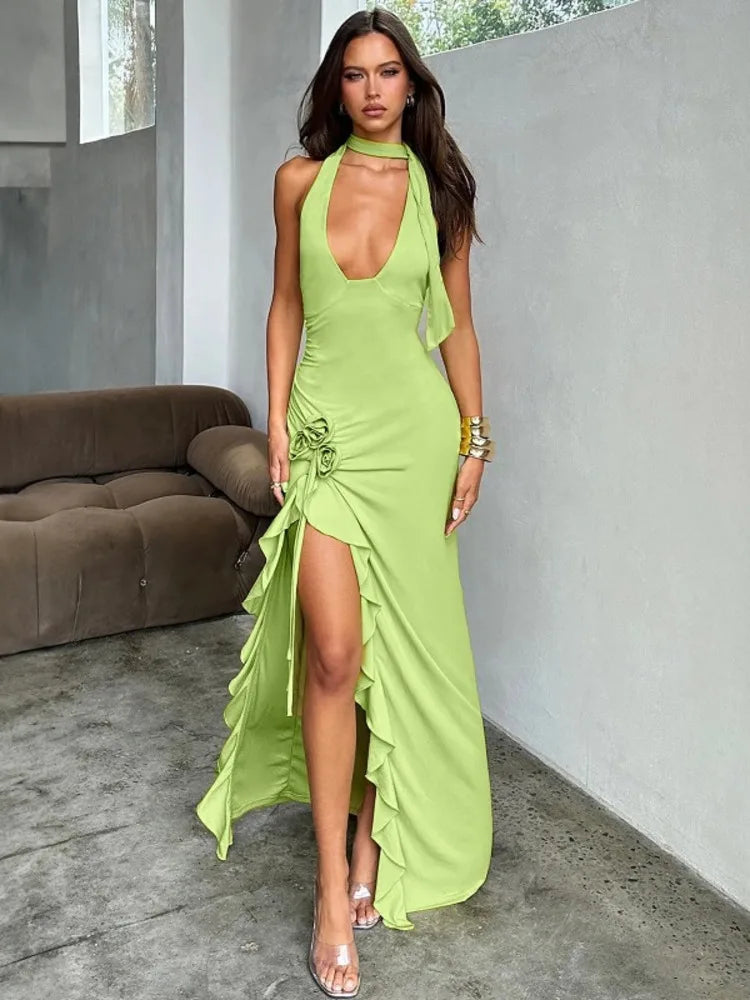 Flower Draped Split Long Dress For Women Fashion Halter Deep V Neck Sleeveless Backless Bodycon Club Party Long Dress