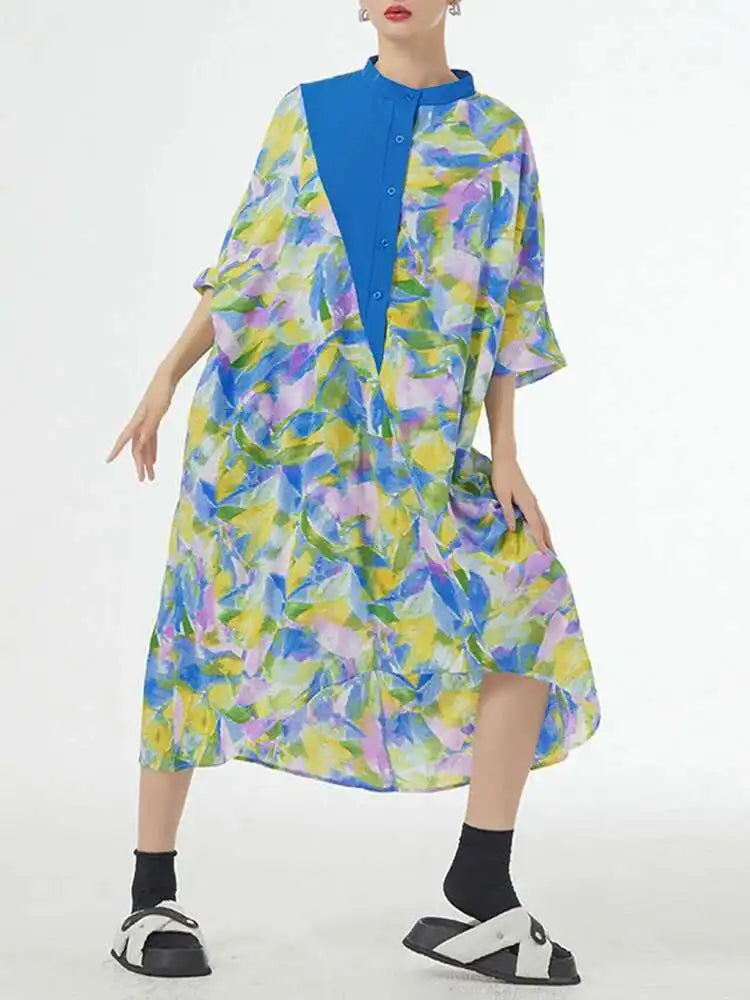 Women Blue Printed Big Size Midi Floral Dress New Stand Collar Short Sleeve Loose Fit Fashion Spring Summer 2025 1DF9379