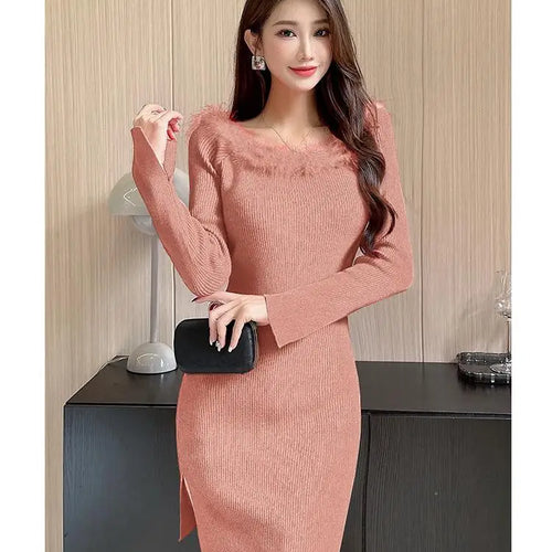 Load image into Gallery viewer, Women's Red Knitted Fur Neck Mini Dresses Female Autumn Winter Black Sexy Club Wrap Hip Versatile Pink Split Dress New 2023 Chic
