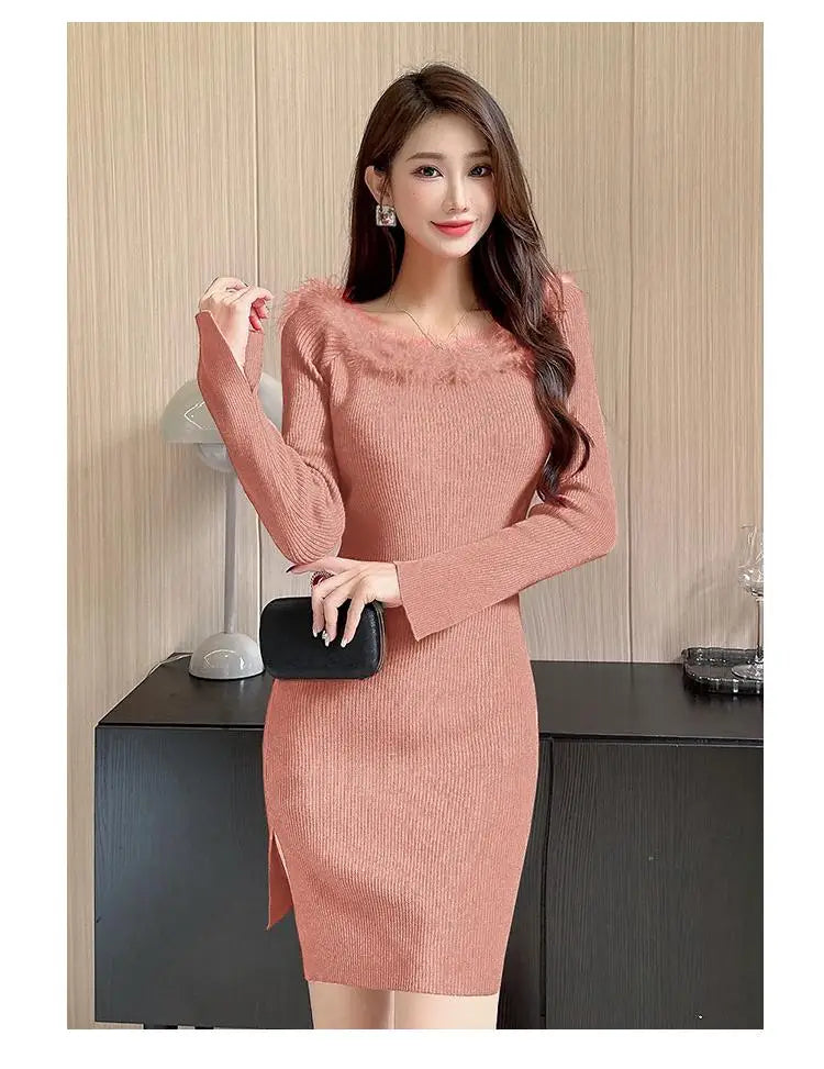 Women's Red Knitted Fur Neck Mini Dresses Female Autumn Winter Black Sexy Club Wrap Hip Versatile Pink Split Dress New 2023 Chic