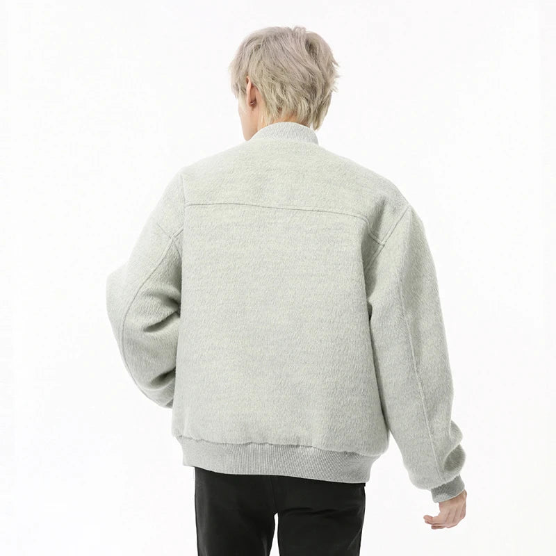 Korean Style Men's Woolen Jackets Round Collar Thick Zipper Patchwork Quilted Solid Color Casual Male Coats Simple 9C9216