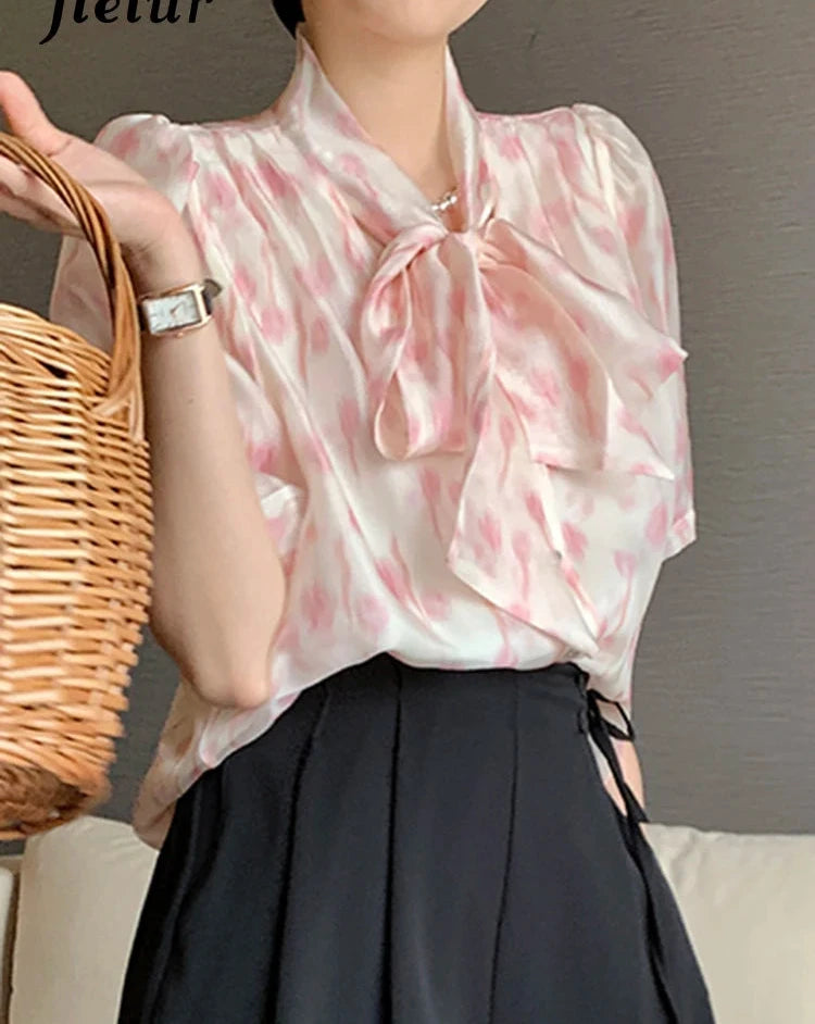 Summer Print Bow Sweet Casual Women Shirt Short Sleeve Lace-up V-neck Single Breasted Chic Elegant Fashion Office Lady