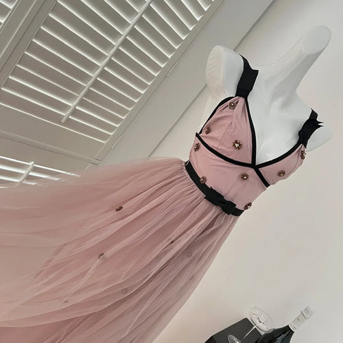 Load image into Gallery viewer, French Pink Patchwork Diamond V Neck High Waist Pleated Slip Dress For Women Summer 2025 New Backless Vacation Evening Dress New
