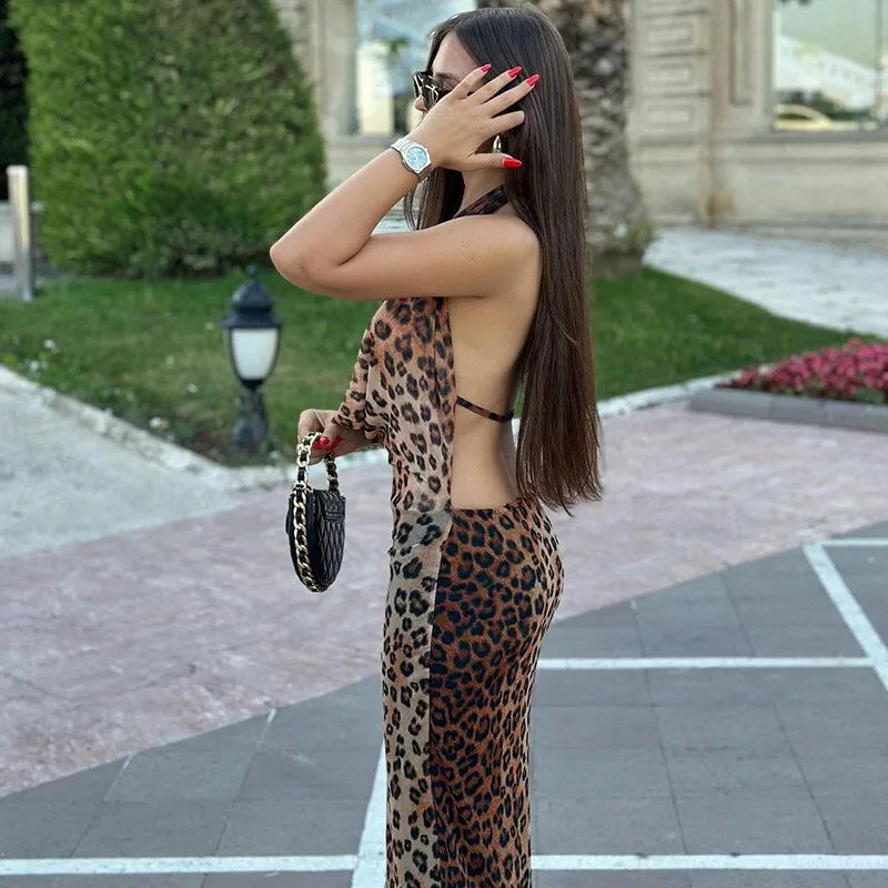 Leopard Print Backless Sexy Maxi Dress For Women Gown Fashion Halter Strapless Sleeveless Bodycon Printed Long Dress